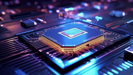 Fototapete - Close-up view of modern chip gpu card with circuit blue neon lights. Concept CPU microchip for ai and data network