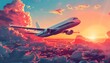 Vintage airline poster reimagined as pop art, bold graphic clouds, side copy space, dusk lighting, panoramic view