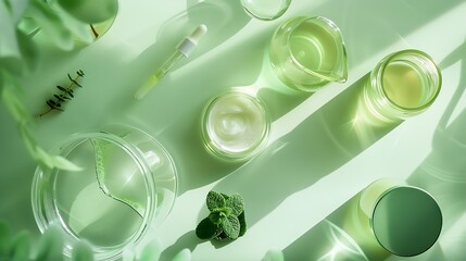 Poster - Organic cosmetic product natural ingredients and laboratory glassware on green background flat lay : Generative AI