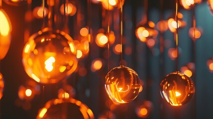Poster - Classic sphere lighting bulbs are glowing in orange warming shade there are hanging from ceiling in dark environment Interior cozy style decoration Closeup and selective focus : Generative AI