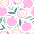  Seamless pattern with pomegranate fruits and seeds. Hand drawn style.