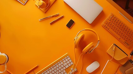 Aufkleber - Creative flat lay of workspace desk office stationery keyboard headphones and lifestyle objects on orange background with copy space : Generative AI