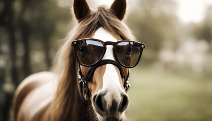 Wall Mural - horse zoo wearing sunglasses and have cute hair head sun face design funny beautiful wild trendy wil