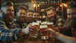 Cheerful Friends Toasting Beer Glasses in Warmly Lit Pub Atmosphere