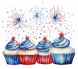 4th of July cupcakes and fireworks on a white background. USA Independence Day card. Watercolor blue and red muffins for your design.