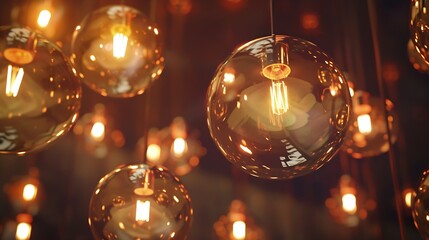 Poster - Classic sphere lighting bulbs are glowing in orange warming shade there are hanging from ceiling in dark environment Interior cozy style decoration Closeup and selective focus : Generative AI