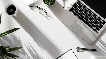 Aufkleber - White office desk with laptop and supplies Top view with copy space flat lay : Generative AI