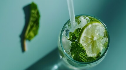 Aufkleber - Caipirinha Mojito cocktail vodka or soda drink with lime mint and straw on table background Refreshing beverage with mint and lime in glass top view flat lay : Generative AI