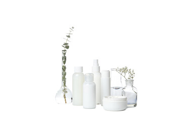 Wall Mural - PNG, Cosmetics with chemical test tubes and flowers, isolated on white background