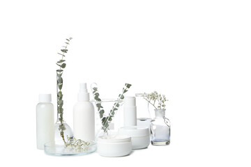 Wall Mural - PNG, Cosmetics with chemical test tubes and flowers, isolated on white background