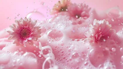 Poster - Texture with splashes foam and bubbles with pink podium and flowers Trendy abstract spring summer nature background Flat lay cosmetic mockup : Generative AI