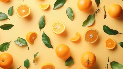 Poster - Creative summer pattern made of oranges and green leaves on pastel yellow background Fruit minimal concept Flat lay : Generative AI
