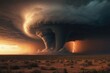 Dramatic artwork of a huge tornado touching a desert landscape at sunset with dark storm clouds. Danger concept