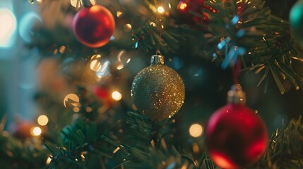 Poster - Christmas holiday decorations with balls garland and bokeh lights on Christmas tree background Holiday home decoration Close up of balls on Christmas tree : Generative AI