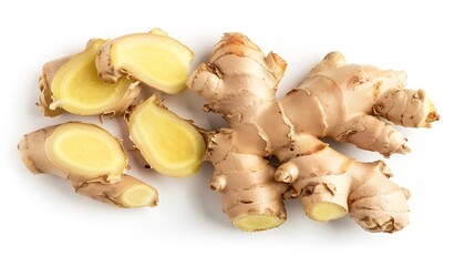 Poster - Flat lay of Fresh ginger rhizome with slices  isolated on white background : Generative AI