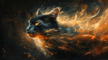 Black Cat In Waves Of Fire. Illustration Of A Burning Black Cat. Sparks, Waves, Blurs, Brush Strokes.
