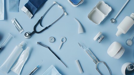 Wall Mural - Table top view aerial image of accessories healthcare  medical background conceptEssential instruments or equipment tools on blue paperFlat lay essential items for doctor using treat p : Generative AI