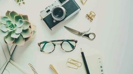 Poster - feminine desk workspace with succulent retro camera scissors diary glasses and golden clips on white background flat lay top view : Generative AI