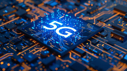 Fototapete - Futuristic AI 5G network technology on circuit board complex with glowing central processor, blue neon light. High Speed Connectivity Concept.