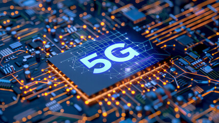 Fototapete - Concept CPU microchip with 5G ai and data network. Close-up view of modern chip gpu card with circuit blue neon lights