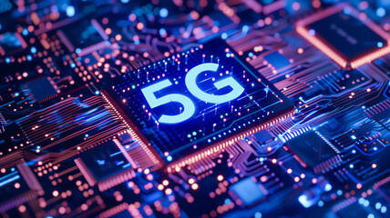 Fototapete - Concept CPU microchip with 5G ai and data network. Close-up view of modern chip gpu card with circuit blue neon lights