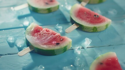 Poster - Watermelon slice popsicles on a blue rustic wood background : Generative AI