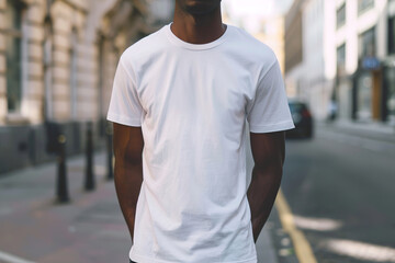 Poster - Man in plain white t-shirt on urban street, perfect for apparel mockups.