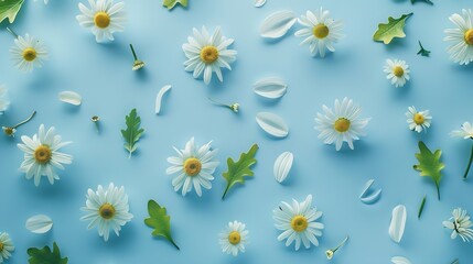 Floral pattern with small daisy flowers leaves and petals on blue trendy pastel background Flower pattern flat lay top view frame composition with copy space : Generative AI