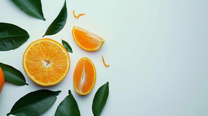 Aufkleber - Fresh orange citrus fruit with green leaves on white background : Generative AI