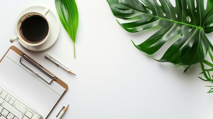 Aufkleber - Flat lay top view office table desk Workspace with blank clip board keyboard office supplies pencil green leaf and coffee cup on white background : Generative AI