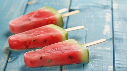 Poster - Watermelon slice popsicles on a blue rustic wood background : Generative AI