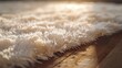 Closeup detail of white shaggy carpet on brown wooden floor Hairy carpet detail : Generative AI