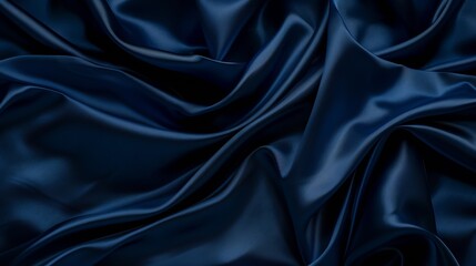 Poster - Dark blue silk satin Soft folds Fabric Navy blue luxury background Space for designWavy lines Banner Flat lay top view table Beautiful Elegant Birthday Christmas Valentines Day : Generative AI