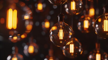 Aufkleber - Classic sphere lighting bulbs are glowing in orange warming shade there are hanging from ceiling in dark environment Interior cozy style decoration Closeup and selective focus : Generative AI