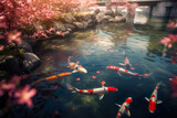 Fototapeta Natura - Koi Pond And Garden With Blossoming Flowers - Generative AI