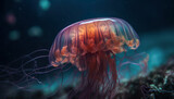 Fototapeta Natura - Ocean Underwater Swimming Jellyfish With Glowing Surface - Generative AI