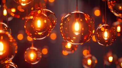 Aufkleber - Classic sphere lighting bulbs are glowing in orange warming shade there are hanging from ceiling in dark environment Interior cozy style decoration Closeup and selective focus : Generative AI