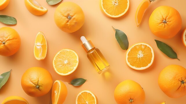 Natural orange essential oil in bottle and cut oranges fruit on  orange background table Citrus oil for skin care spa massage aromatherapy and natural medicine Flat lay top view copy s : Generative AI