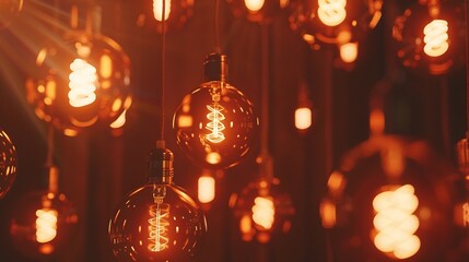 Aufkleber - Classic sphere lighting bulbs are glowing in orange warming shade there are hanging from ceiling in dark environment Interior cozy style decoration Closeup and selective focus : Generative AI