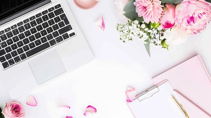 Aufkleber - Stylized womens desk office desk Workspace with laptop bouquet dahlias roses clipboard Womens fashion accessories isolated on white background Flat lay Top view : Generative AI