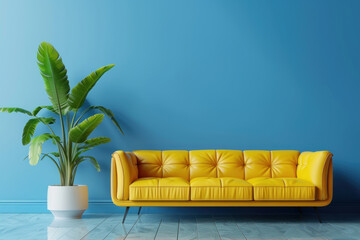 Wall Mural - 3d rendering of a yellow leather sofa and plant with blue wall background interior design. minimal home room