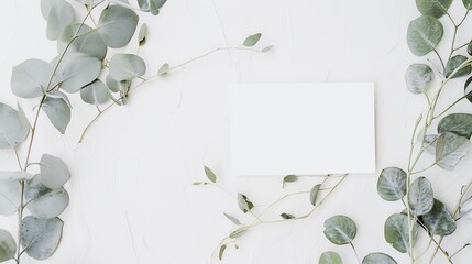 Poster - Feminine wedding desktop mockup with blank paper card and Eucalyptus populus branch on  white shabby table background Empty space Styled stock photo web banner Flat lay top view : Generative AI