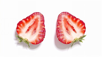 Aufkleber - Top view of fresh red strawberries slice isolated on white background Summer berries textured background Flat lay Macro shot of strawberry cut in a half : Generative AI