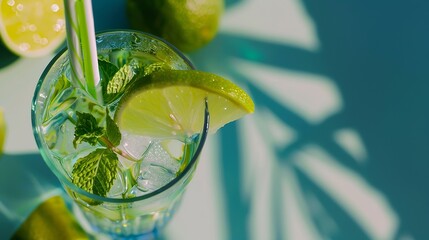 Aufkleber - Caipirinha Mojito cocktail vodka or soda drink with lime mint and straw on table background Refreshing beverage with mint and lime in glass top view flat lay : Generative AI