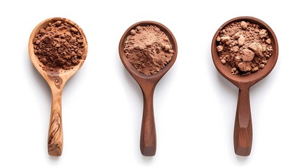 Aufkleber - Cocoa drink and cocoa powder in wooden spoon isolated on white background Top view Flat lay : Generative AI