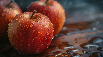 Wall Mural - Three apples are sitting on a wooden table with raindrops on them