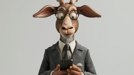 Wall Mural - A cartoon goat wearing glasses and a suit is holding a cell phone