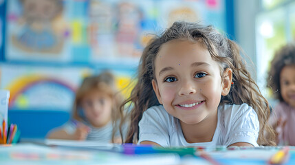 Art classroom buzzing with creativity and inspiration.Children happily painting and drawing side by side, their imaginations running wild in the vibrant atmosphere of the indoor art classroom.