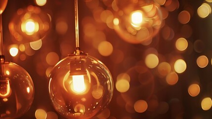 Aufkleber - Classic sphere lighting bulbs are glowing in orange warming shade there are hanging from ceiling in dark environment Interior cozy style decoration Closeup and selective focus : Generative AI