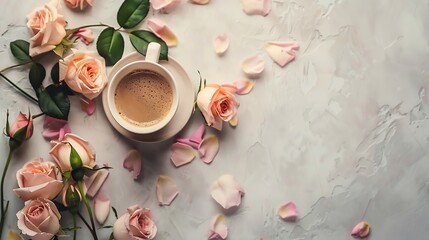 Morning Cup of coffee and a beautiful roses flowers on light background top view Cozy Breakfast Flat lay style : Generative AI